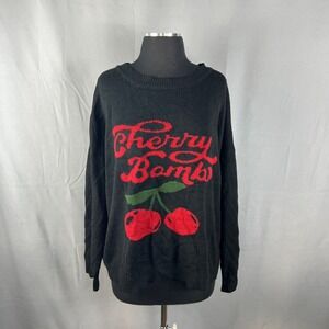 Romwe Kawaii Sweater Women 1XL Black Valentines Day Cherry Bomb Ribbed Knit Warm